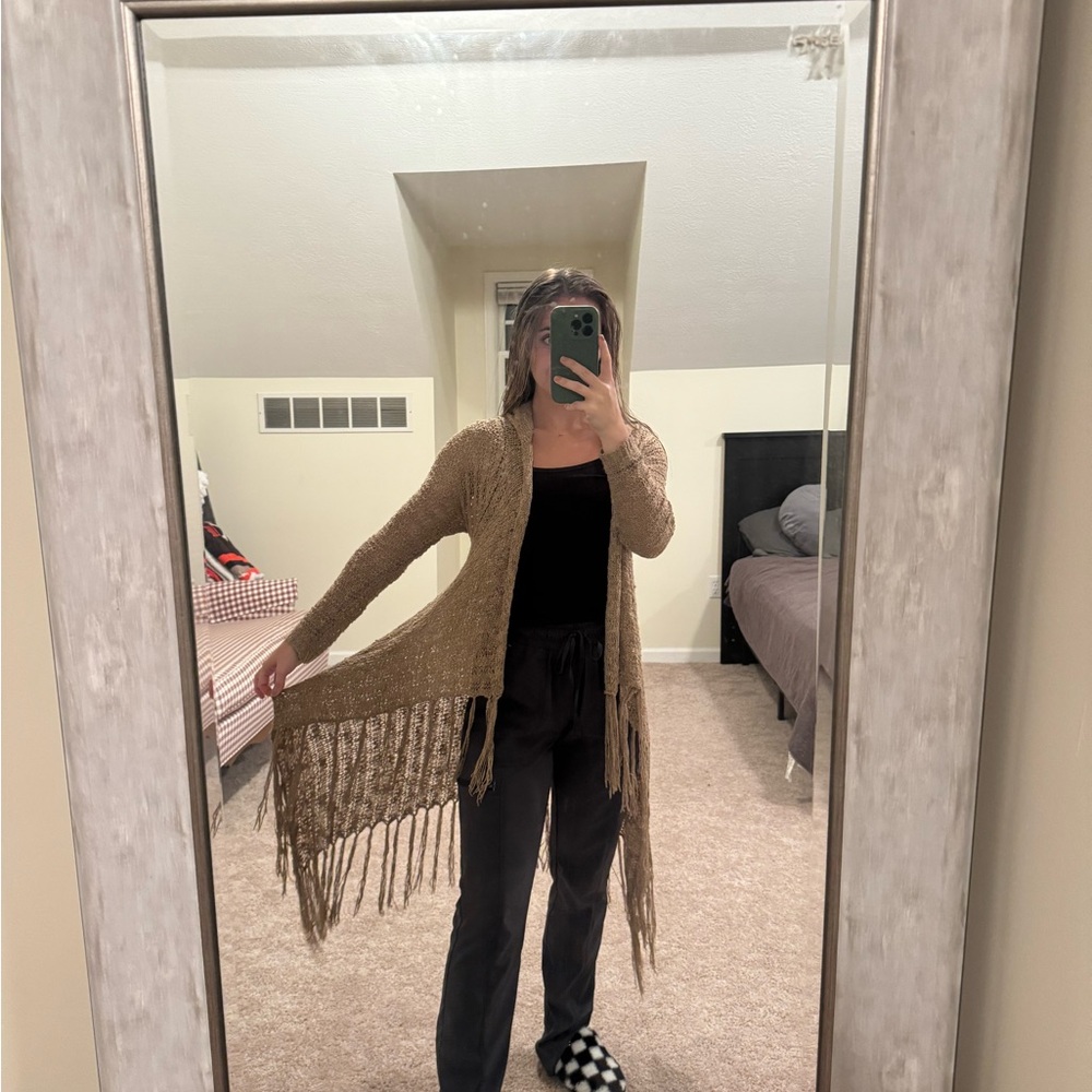 Full Tilt Tan Hooded Cardigan, fringe, size small